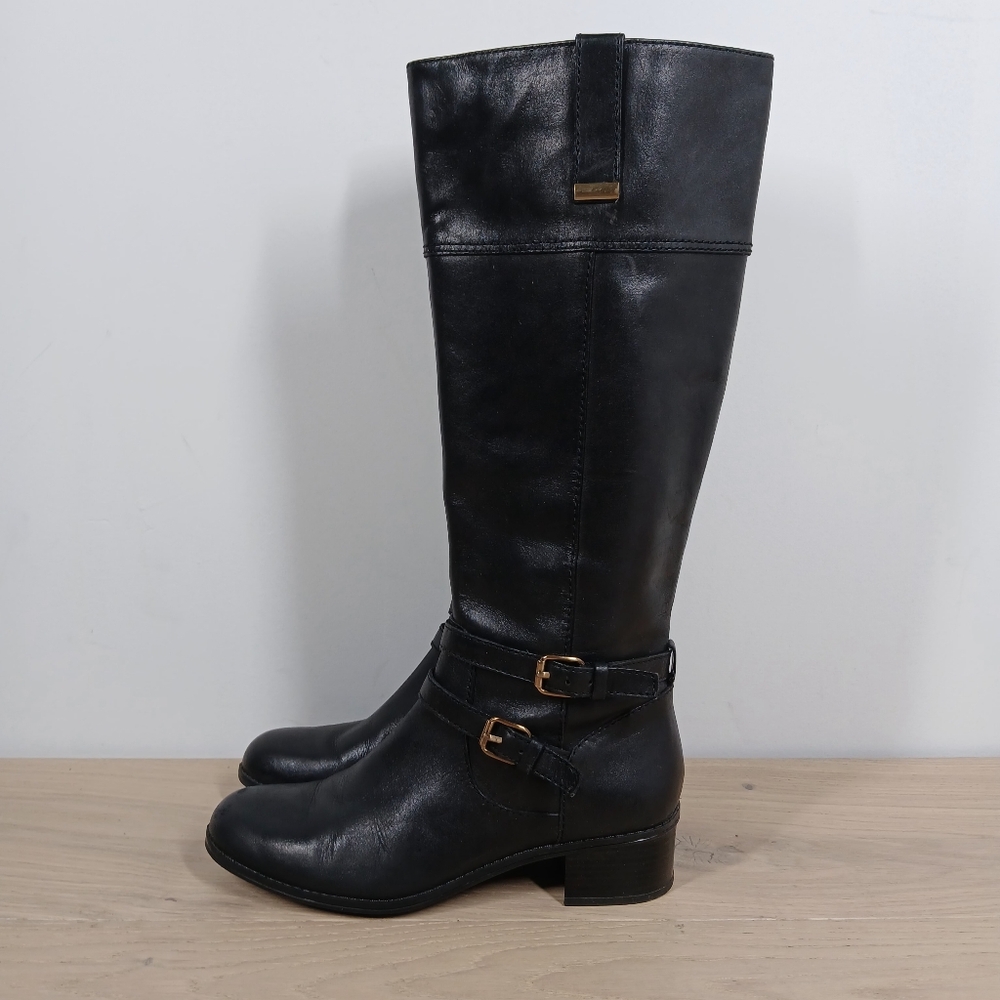 Bandolino Carlotta‎ Black Leather Knee High Riding Boots with Gold Buckle 741